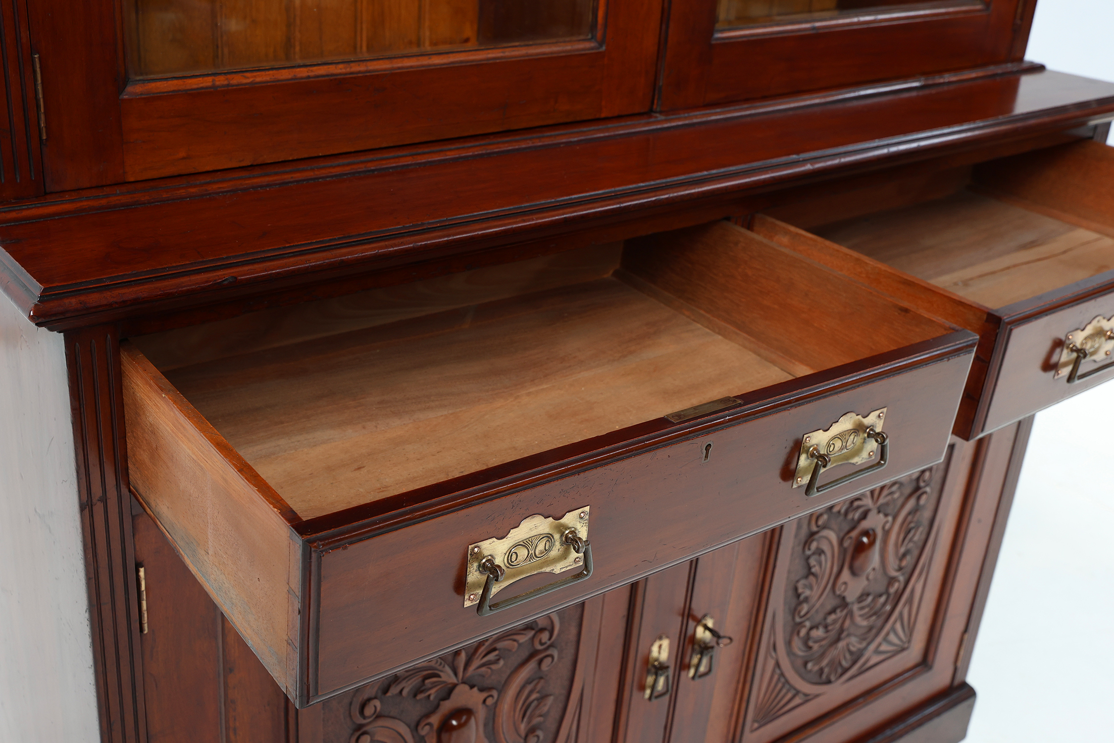 Art Nouveau Display Cabinet or Bookcase in oak with carvings and glass doorsthumbnail